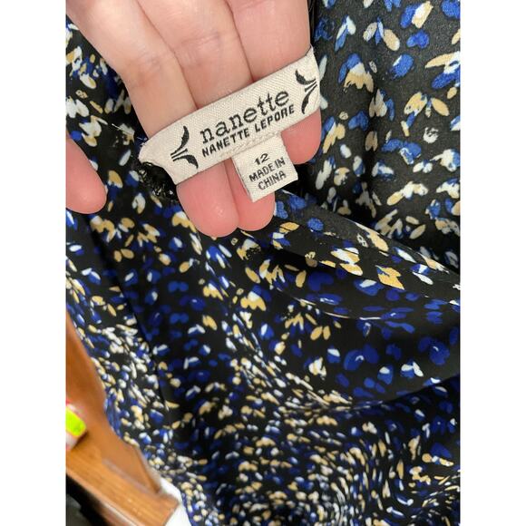 Nanette Lepore Smocked Blue/Yellow Long Sleeve Midi Dress Sz 12 Large High Neck - Picture 9 of 9